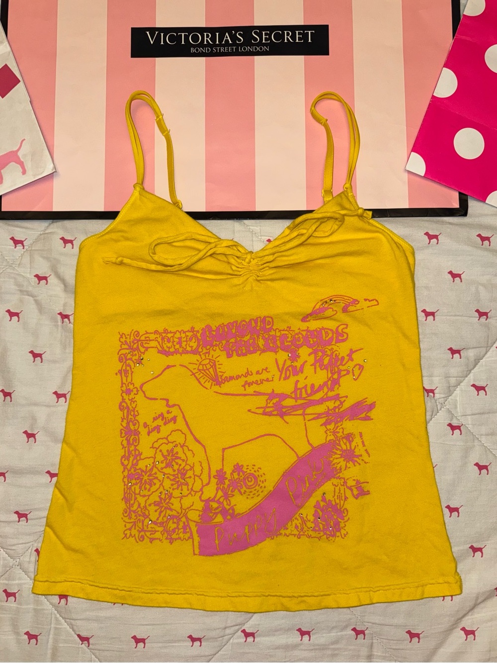 VS PINK VINTAGE Y2K CAMI TANK TOP YELLOW DOG PUP PUPPY LOVE BLING RARE NWOT M